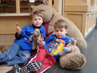 Enjoying the chocolate lollypops.